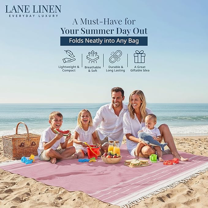 LANE LINEN Beach Vacation Essentials Blanket- Large Beach Blanket Sandproof with Quick Dry Comfort 82"x82", Perfect for Family Vacations, Park Outings, or Social Games – Candy Pink