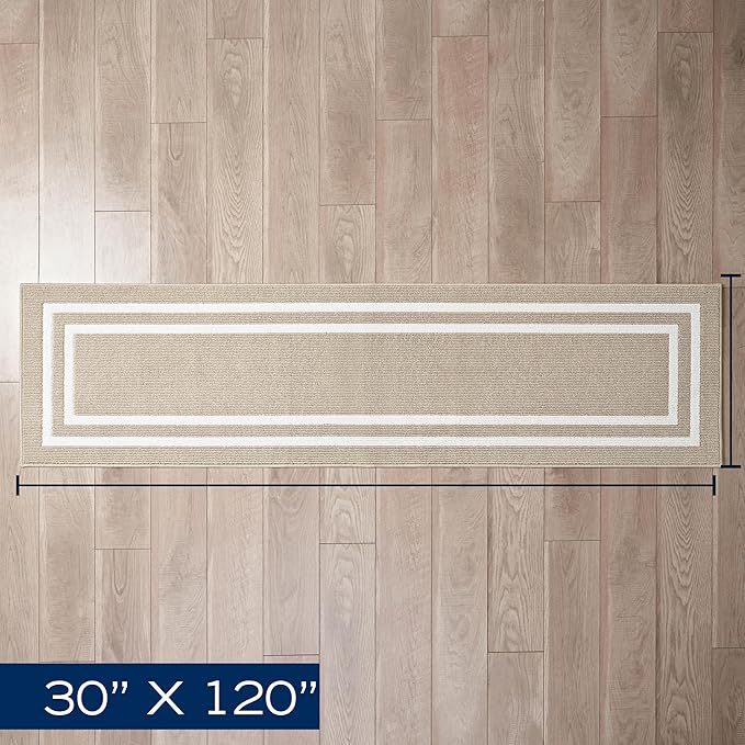 Nautica – Runner Rug | Indoor Runners for Hallways and Entry Rugs| Non-Slip and Non-Skid Entry and Kitchen Door Mat| Machine Washable Entryway Carpet Rugs | 2'6" x 10' | Double Border Beige