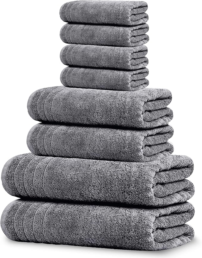 Tens Towels Pack of 8 Towels Set, 2 Extra Large Bath, 2 Hand, 4 Washcloths, 100% Cotton, Lighter Weight, Quicker to Dry, Super Absorbent, Perfect for Bathroom, Dark Grey