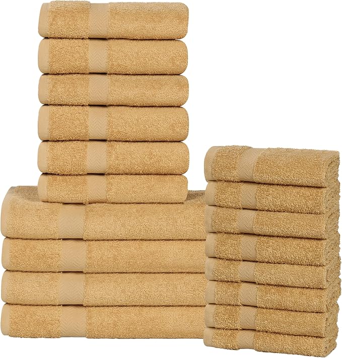 Superior 18-Piece Cotton Assorted Towel Set, Includes 8 Face/Washcloths, 6 Hand, and 4 Bath Towels, Lightweight Essentials, for Home, Gym, Beach, Bathroom, Quick Drying, Franklin Collection, Gold
