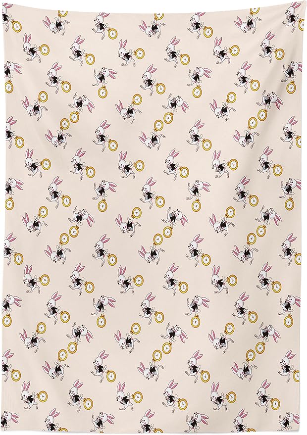 Ambesonne Alice in Wonderland Tablecloth, White Rabbit Dancing in The Sky Fantasy World and Alice Theme, Rectangular Table Cover for Dining Room Kitchen Decor, 60" X 90", Yellow Black
