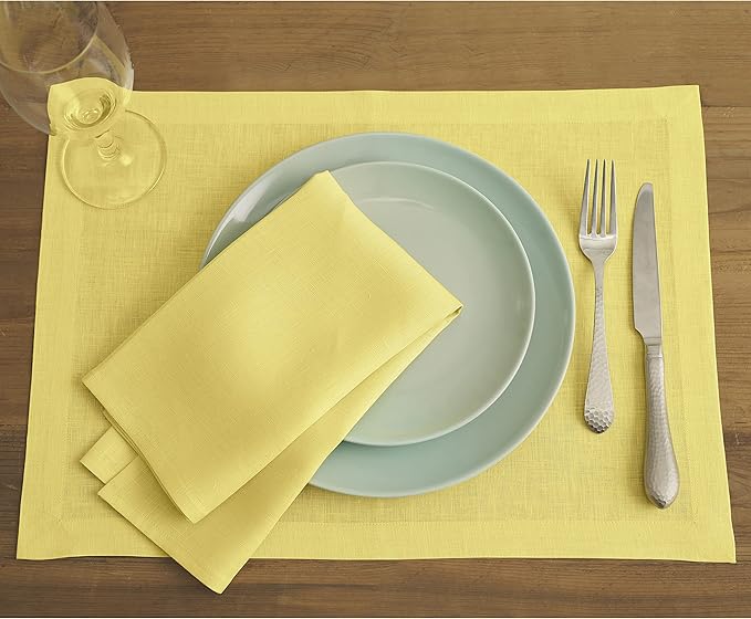 Solino Home Linen Placemats Set of 4 - Sunshine Yellow Placemats 14 x 19 Inch - 100% Pure Linen Table Place Mats - Fete