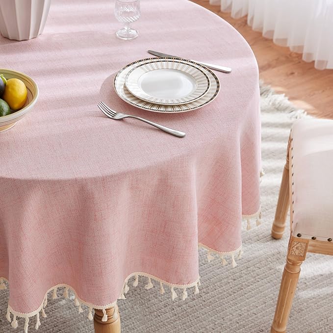 Linen Tablecloth with Tassels, Farmhouse Style Pink Tablecloth, Water Resistant Burlap Tablecloths for Round Table, 60 Inch Round Pink