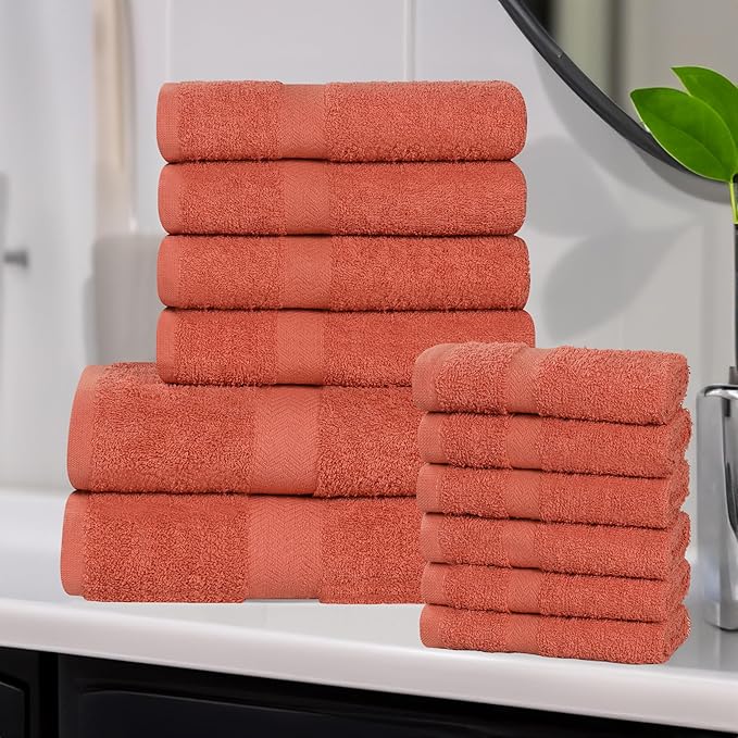 Superior 12-Piece Cotton Assorted Towel Set, Includes 6 Face/Washcloths, 4 Hand, and 2 Bath Towels, Lightweight Essentials, for Home, Gym, Beach, Bathroom, Quick Drying, Franklin Collection, Coral