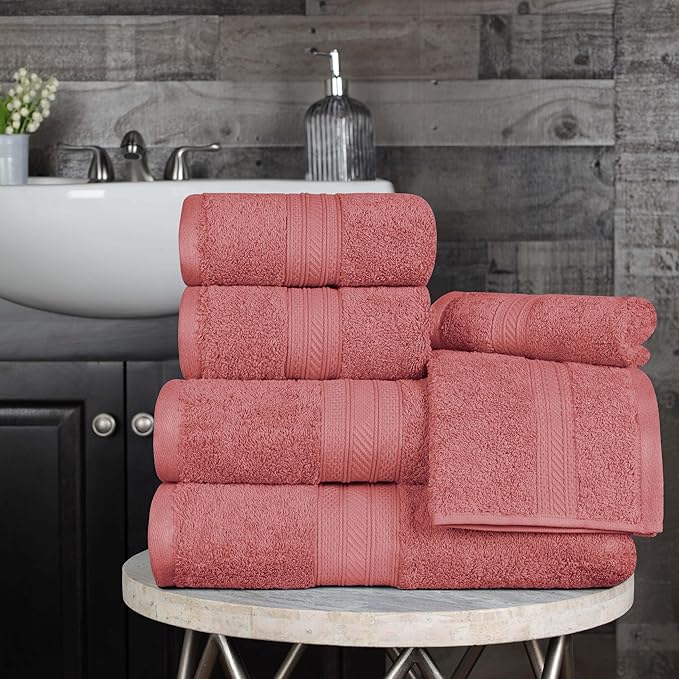 Superior 700 GSM Long Staple 100% Combed Cotton, Durable, Plush and Absorbent 6-Piece Single Ply Towel Set - Blush