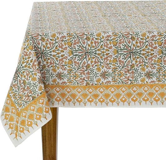 Ridhi Goldenrod Yellow Hand Block Print Cotton Rectangle Tablecloth 160" x 72" inches Reusable Table Cover Decorative Everyday Use for Dining, Farmhouse, Home, Party, Festive, Wedding, Fall