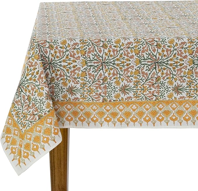 Ridhi - Goldenrod Yellow Hand Block Print Cotton Cloth Dinning Table Cover Wedding Farmhouse Thanks Giving Christmas Spring Tablecloth 4 Seater 60x60 Inches