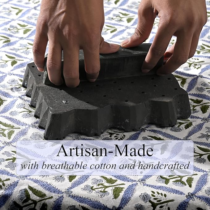 Ridhi Light Steel Blue Hand Block Print Cotton Rectangle Tablecloth 108" x 70" inches Reusable Table Cover Decorative Everyday Use for Dining, Farmhouse, Home, Party, Festive, Wedding, Fall