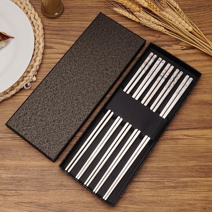 Stainless Steel Chopsticks, Titanium Plated Metal Chopsticks, 9.8" Premium Japanese Korean Color Laser Engraved Cooking Chop Sticks, Dishwasher Safe, Reusable, Anti-slip, Anti-scald, 5 Pairs Gift Set