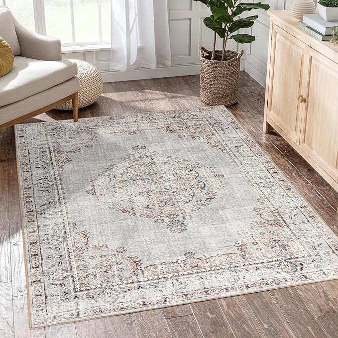 Easy-Going Area Rug 4x6 Washable Boho Rugs for Living Room Non-Slip Bedroom Rug Low Pile Lightweight Vintage Distressed Throw Rug for Dining Room Kitchen Home Office Carpet, Grey Brick