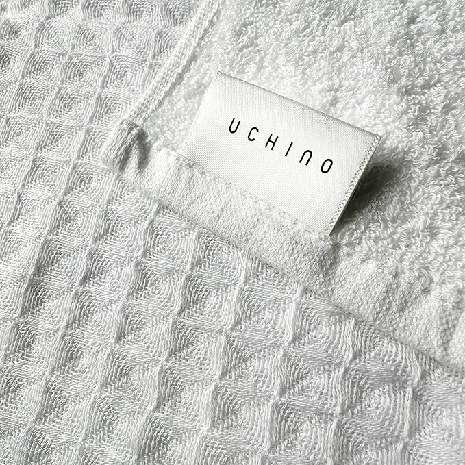 UCHINO Waffle Twist Cotton Weave Hand Towel for Bathroom Lightweight Absorbent Quick Dry Honeycomb Texture Solid Terry Loop Reverse 20" x 30", 1 Hand Towel, White