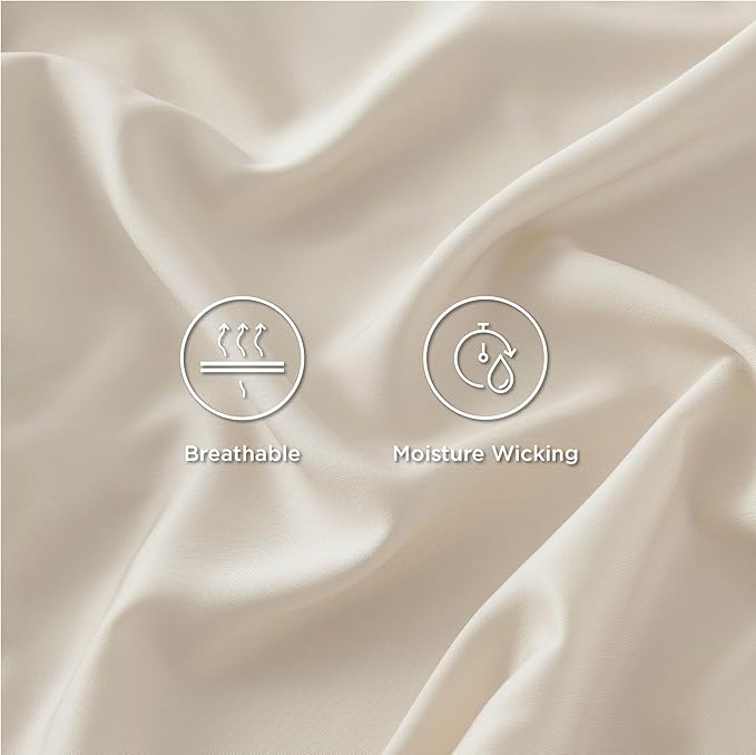 Bedsure Cooling Sheets Twin XL, Rayon Derived from Bamboo, Breathable & Soft Twin XL Sheet Sets, Deep Pocket Up to 16 Inches, Hotel Luxury Silky Dorm Bedding for Hot Sleepers, Light Beige