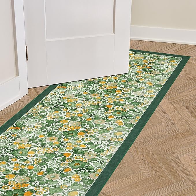 Laura Ashley Green Lovestone Floral Machine Washable & Slip Resistant 26" x 72" Runner Rug