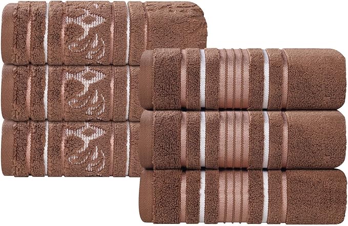 Superior Cotton Hand Towel Set, Small Towels, Plush Soft Absorbent Bathroom Basics, Home Essentials, Spa, Salon, Hotel, Kitchen, Luxury Quick Drying, Zero Twist, Assorted Design, Set of 6, Chocolate
