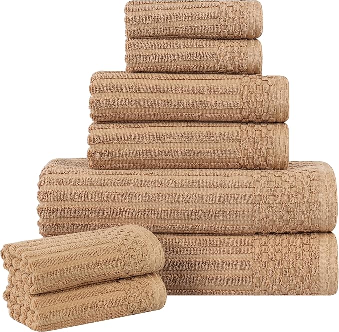 Cotton 8-Piece Solid and Ribbed Towel Set, Face Towels 13” x 13”, Hand Towels 16” x 28”, Bath Towels 27” x 54”, Coffee by Superior