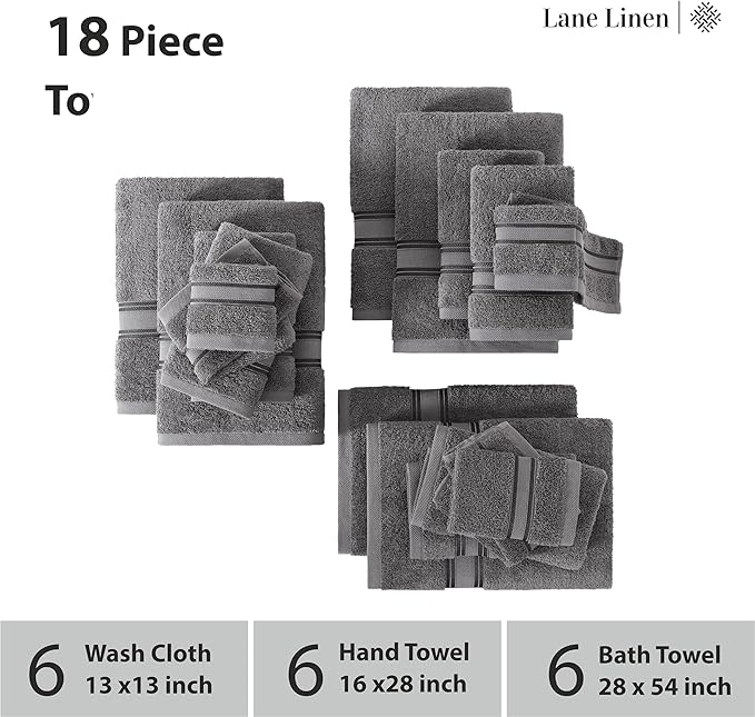LANE LINEN 100% Mercerized Cotton Bath Towels Set of 18 – Zero Twist, 6 Bath, 6 Hand Towel & 6 Washcloths, Soft, Ideal for Spa Hotel & Home, Gentle on Body, Durable After Multiple Washes – Cool Grey