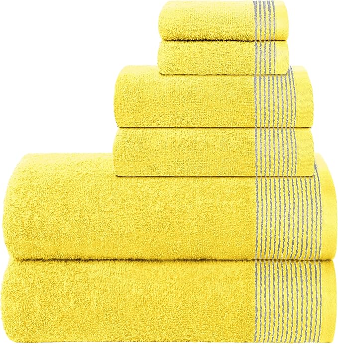 Belizzi Home 100% Cotton Ultra Soft 6 Pack Towel Set, Contains 2 Bath Towels 28x55 inchs, 2 Hand Towels 16x24 inchs & 2 Washcloths 12x12 inchs, Compact Lightweight & Highly Absorbant - Yellow