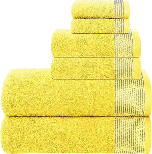 Belizzi Home 100% Cotton Ultra Soft 6 Pack Towel Set, Contains 2 Bath Towels 28x55 inchs, 2 Hand Towels 16x24 inchs & 2 Washcloths 12x12 inchs, Compact Lightweight & Highly Absorbant - Yellow