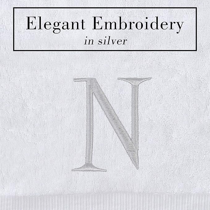 Monogrammed Hand Towels for Bathroom - Luxury Hotel Quality Personalized Initial Decorative Embroidered Bath Towel for Powder Room, Spa - GOTS Organic Certified - Set of 2 Letter N
