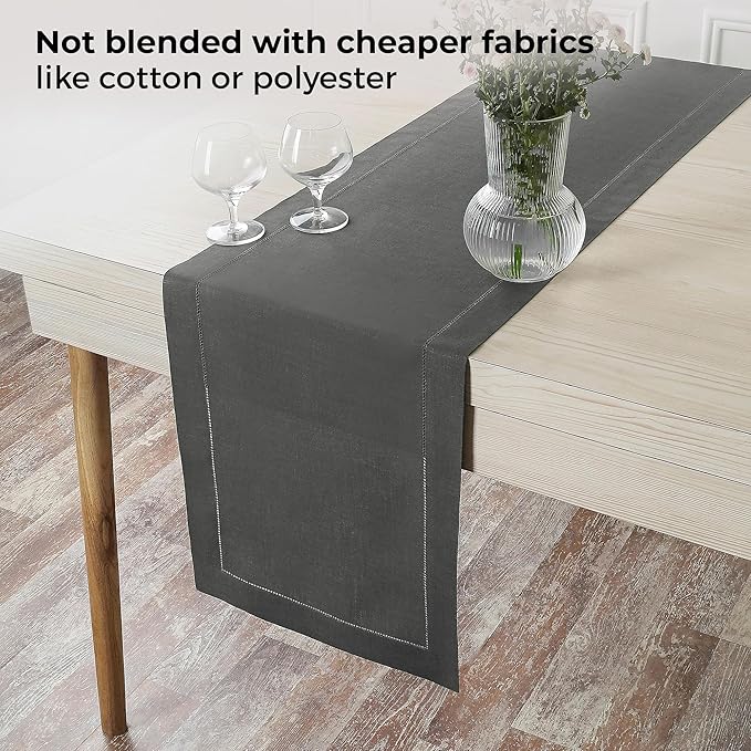 D'Moksha Homes Linen Charcoal Grey Table Runner 90 Inches Long - Classic Hemstitch 100% Pure Linen Dining Table Runner 14 x 90 Inch for Winter, Holiday, New Year