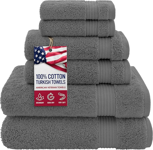 Hotel & Spa Quality Super Absorbent & Soft, Cotton, 6 Piece Turkish Towel Set for Kitchen & Decorative Bathroom Sets Includes 2 Bath Towels 2 Hand Towels 2 Washcloths, Charcoal Grey