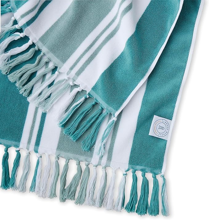 Laguna Beach Textile Co. Striped Cabana Beach Towel - Oversized, Plush 630 GSM Cotton - Palm Green
