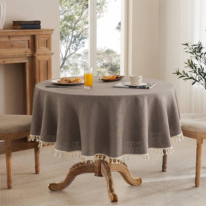 Linen Tablecloth with Tassels, Farmhouse Style Brown Tablecloth, Water Resistant Burlap Tablecloths for Round Table, 52Inch Round Cocoa Brown
