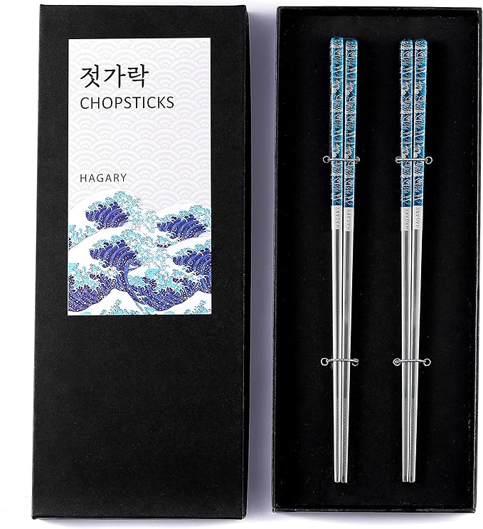 Hagary Blue Wave Chopsticks 2 Pairs Metal Chopsticks Reusable Designed In Korea Japanese Style Stainless Steel 316 18/10 Non-Slip Dishwasher Safe