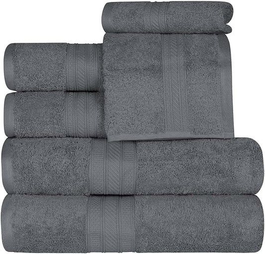 Superior 700 GSM Long Staple 100% Combed Cotton, Durable, Plush and Absorbent 6-Piece Single Ply Towel Set - Grey