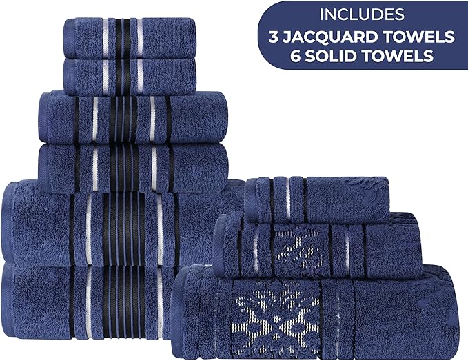 Superior Cotton 9 Piece Assorted Floral Towel Set, Includes 3 Bath, 3 Hand, 3 Washcloth/Face Towels, Quick Dry, Home Essentials, Shower, Spa, Luxury Plush Soft Absorbent Towels, Zero Twist, Navy Blue
