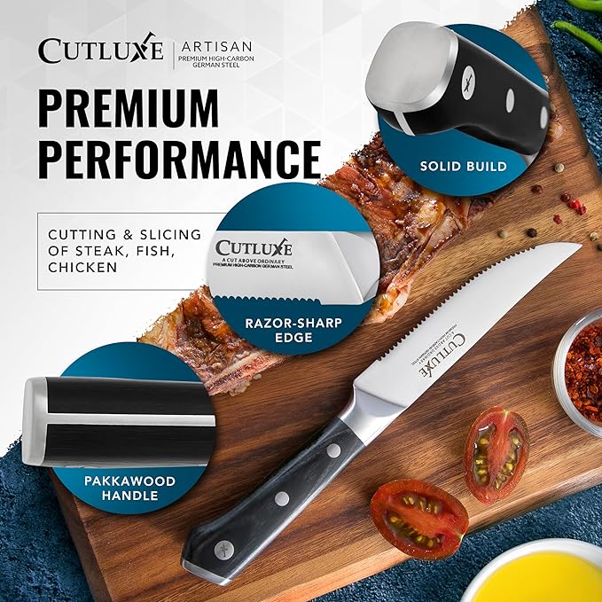 Cutluxe Steak Knives Set of 4, Serrated Steak Knives – Forged High Carbon German Steel, Full Tang, Ergonomic Handle Design – Artisan Series