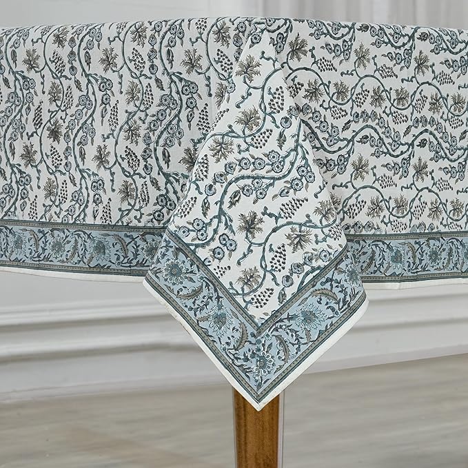 Ridhi Baby Blue Eyes Hand Block Print Cotton Rectangle Tablecloth 160" x 72" inches Reusable Table Cover Decorative Everyday Use for Dining, Farmhouse, Home, Party, Festive, Wedding, Fall