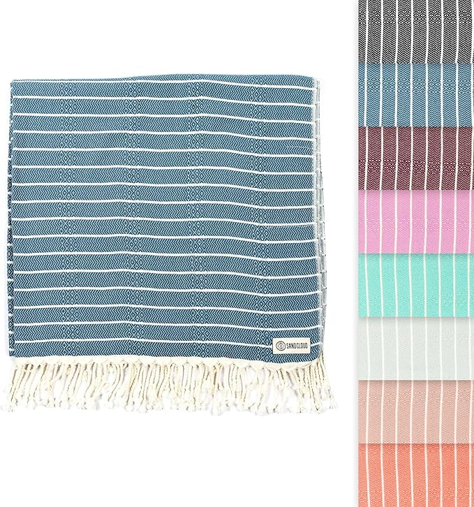 Sand Cloud Turkish Beach Towel - Sand Proof - 100% Certified Organic Turkish Towel - Quick Dry Towel for Beach, Picnic, Blanket or Bath Towel - As Seen on Shark Tank - Gocek (Denim)