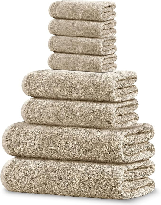 Tens Towels Pack of 8 Towels Set, 2 Extra Large Bath, 2 Hand, 4 Washcloths, 100% Cotton, Lighter Weight, Quicker to Dry, Super Absorbent, Perfect for Bathroom, Beige