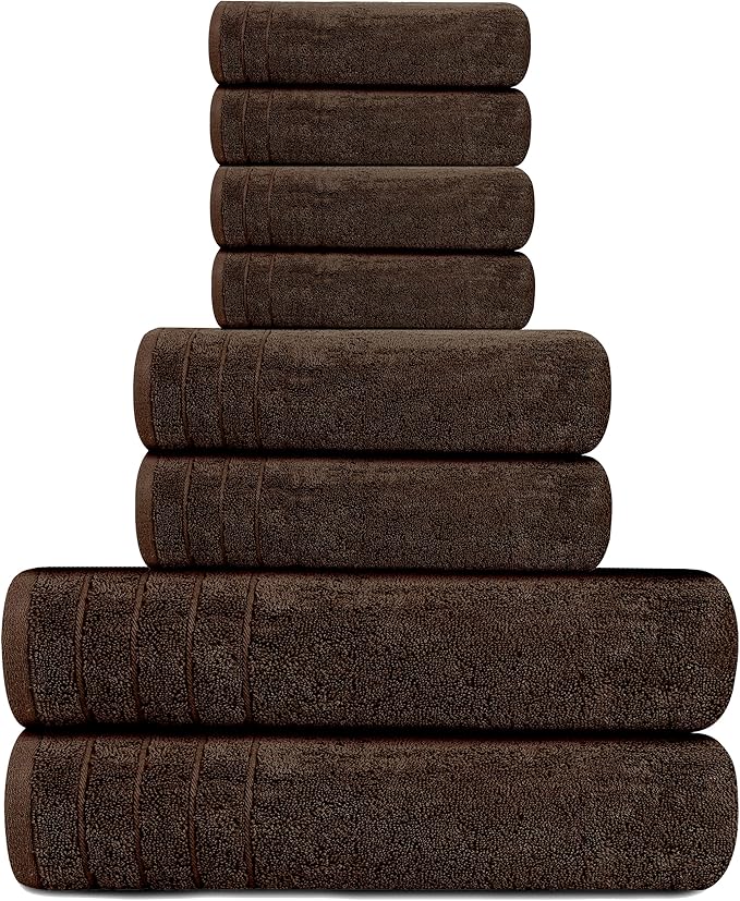 Tens Towels Pack of 8 Towels Set, 2 Extra Large Bath, 2 Hand, 4 Washcloths, 100% Cotton, Lighter Weight, Quicker to Dry, Super Absorbent, Perfect for Bathroom, Brown