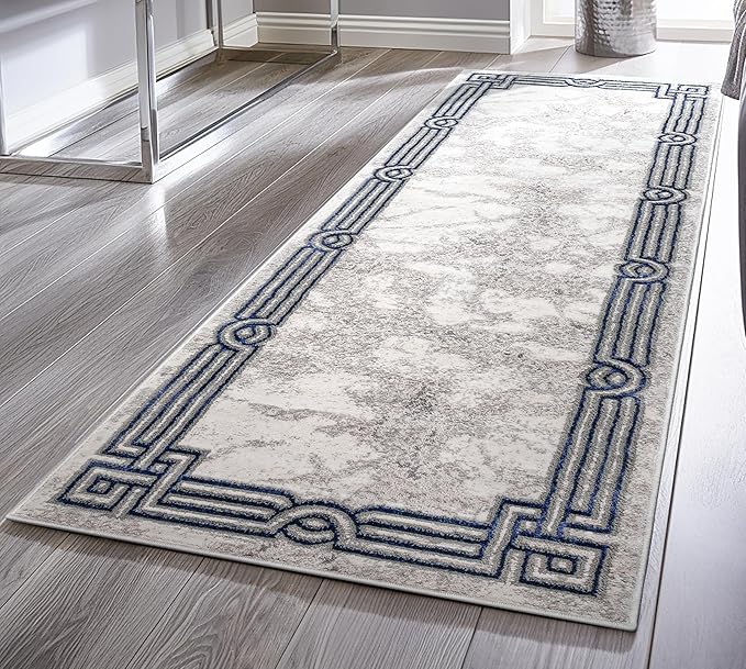 Well Woven Lezlee Abstract Modern 2'7" x 9'10" Runner Rug - Blue Marble Border - for Hallway, Entryway, Stair