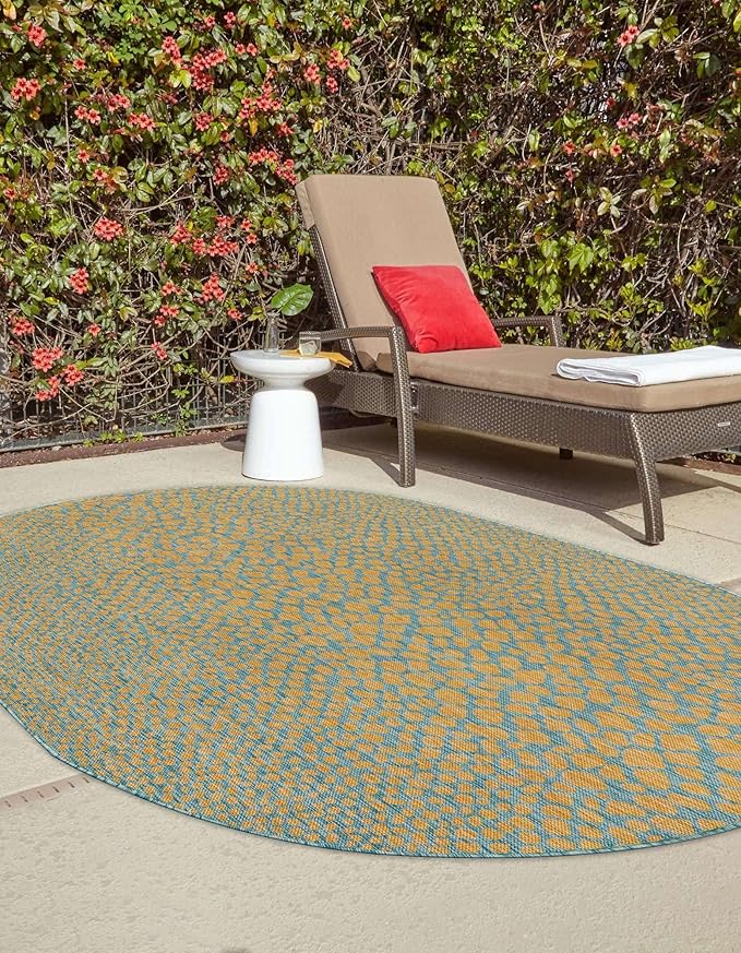 Unique Loom Jill Zarin Jill Zarin Outdoor Collection Area Rug - Cape Town (7' 10" x 10' Oval, Yellow and Aqua/Light Blue)