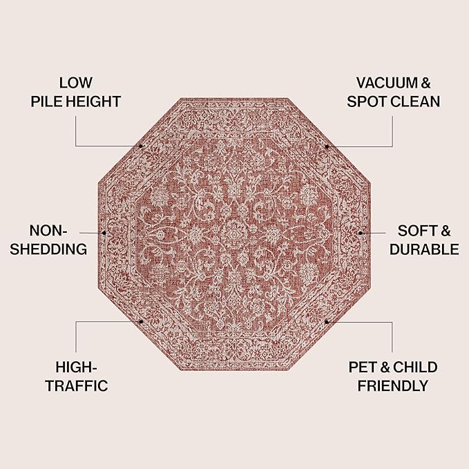 JONATHAN Y Weave Floral Indoor Outdoor Octagon Area Rug 8 Ft Red/Taupe, Tela Bohemian Textured for Backyard, Patio, Porch, Easy-Cleaning, High Traffic, Pet-Friendly, Non-Shedding (SMB100A-8TGN)