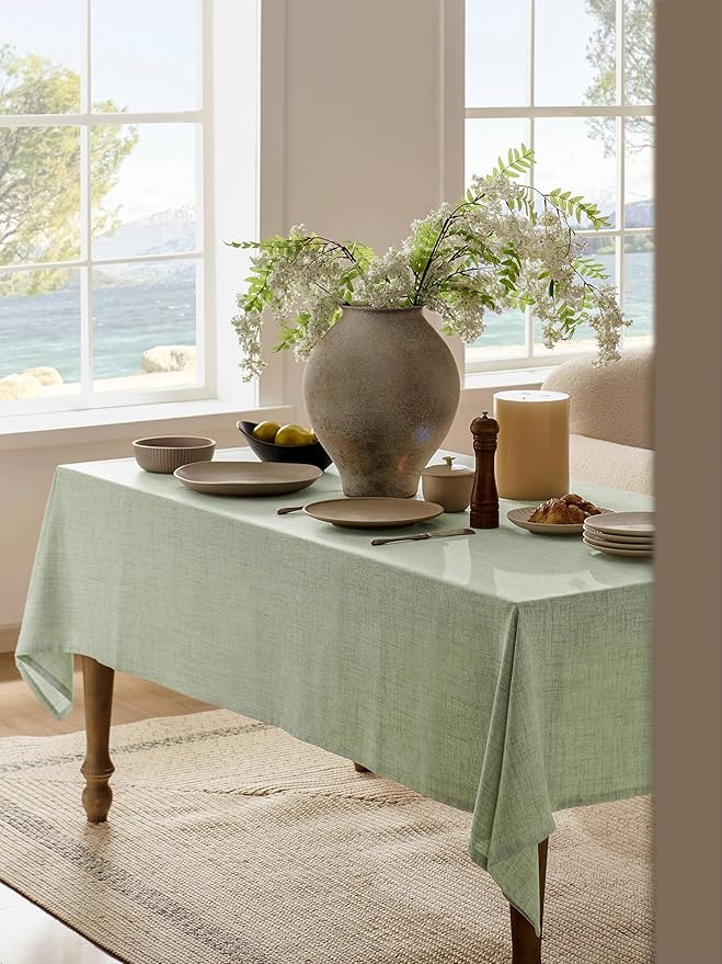 Linen Tablecloth for Rectangle Table 60x104 Inch Green, Farmhouse Style Sage Green Tablecloth, Water Resistant Burlap Tablecloths for Dining Table Farmhouse Kitchen