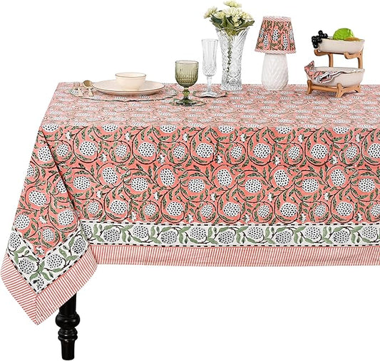 Ridhi Dark Salmon Pink Hand Block Print Cotton Rectangle Tablecloth 190" x 72" inches Reusable Table Cover Decorative Everyday Use for Dining, Farmhouse, Home, Party, Festive, Wedding, Fall