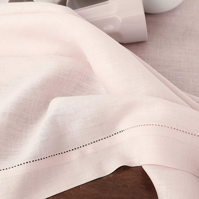 Solino Home Linen Tablecloth 60 x 108 Inch - Classic Hemstitch 100% Pure Linen Pink Table Cloth for Rectangle Tables - Machine Washable Tablecloth for Valentines