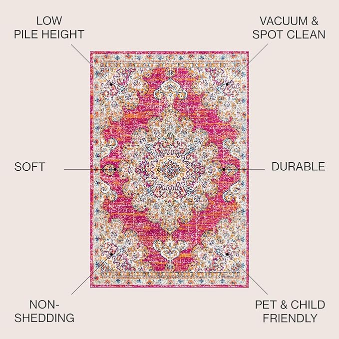 JONATHAN Y Boho Vintage Pink/Cream Indoor Area Rug, 5x8, Bohemian Flair Medallion, Chic, Floral, High Traffic for Living Room, Bedroom, Kitchen, Pet Friendly, Non-Shedding (BMF104A-5)