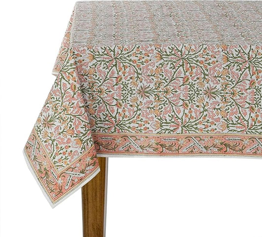 Ridhi Sassy Salmon Emerald Green Hand Block Print Cotton Rectangle Tablecloth 118" x 70" inches Reusable Table Cover Decorative Everyday Use for Dining, Farmhouse, Home, Party, Festive, Wedding, Fall