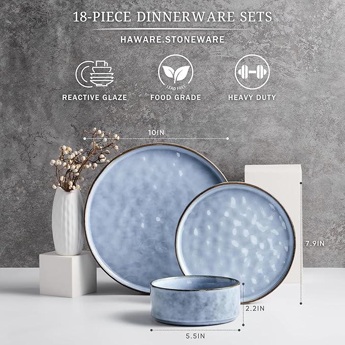 HaWare Dinnerware Sets, 18-Piece Plates and Bowls Set, Stoneware Dish Set for 6, Ceramic Dinnerware for Home Restaurant, Chip and Scratch Resistant, Microwave and Dishwasher Safe, Reactive Blue