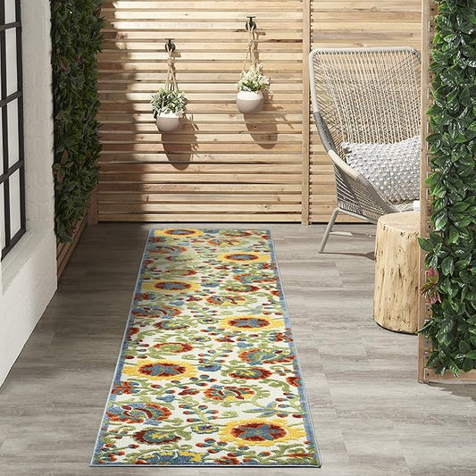 Nourison Aloha Indoor/Outdoor Ivory/Multi 2'3" x 12' Area -Rug, Easy -Cleaning, Non Shedding, Bed Room, Living Room, Dining Room, Backyard, Deck, Patio (2x12)