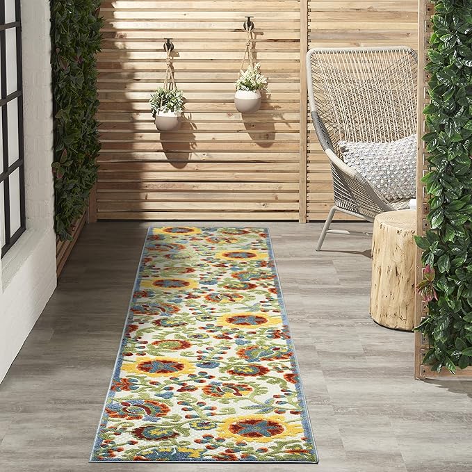 Nourison Aloha Indoor/Outdoor Ivory/Multi 2'3" x 10' Area Rug, Easy Cleaning, Non Shedding, Bed Room, Living Room, Dining Room, Backyard, Deck, Patio (2x10)