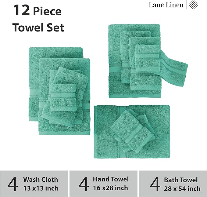 LANE LINEN Towels for Bathroom – 12 Pack, 100% Cotton, Zero Twist, 4 Bath, 4 Hand Towel & 4 Wash Cloths, Highly Absorbent, Luxury Hotel & Spa Quality, Machine Washable – Teal