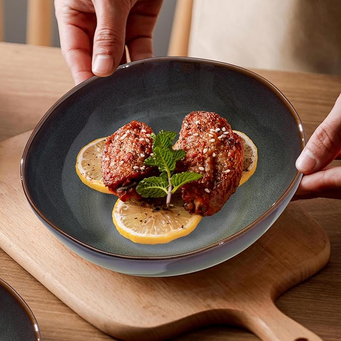 Herogo 12PCS Stoneware Dinnerware Sets, Plates and Bowls Dish Set for 4, Irregular Handmade Dinner Ware Dishware for Kitchen Dinning, Microwave & Dishwasher Safe, Lichen Green