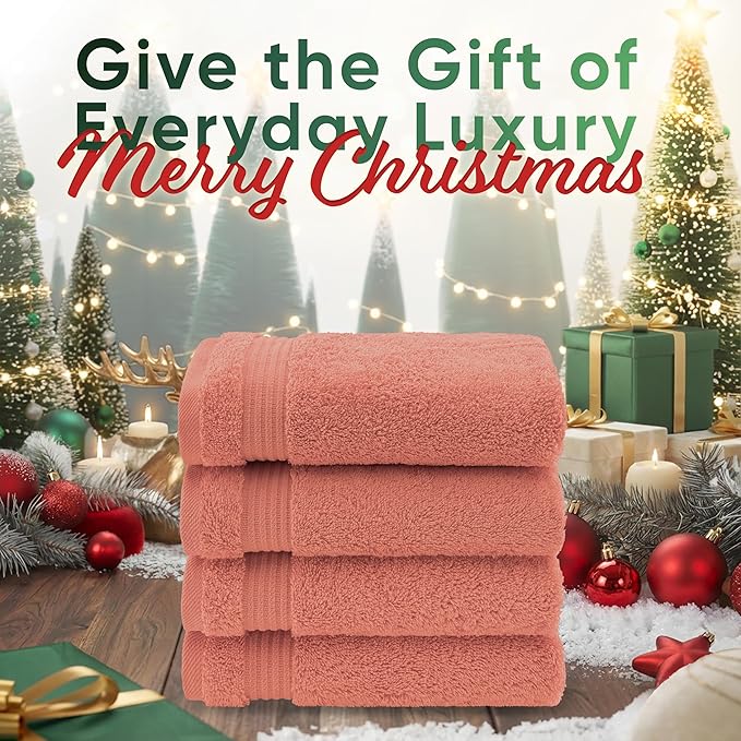 American Veteran Towel, Hand Towels for Bathroom Set of 4, 100% Cotton Turkish Hand Towel Sets, Soft Hand Face Towels, Coral Hand Towels
