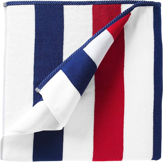Laguna Beach Textile Co. Striped Cabana Beach Towel - Oversized, Plush 630 GSM Cotton - Red, White and Blue